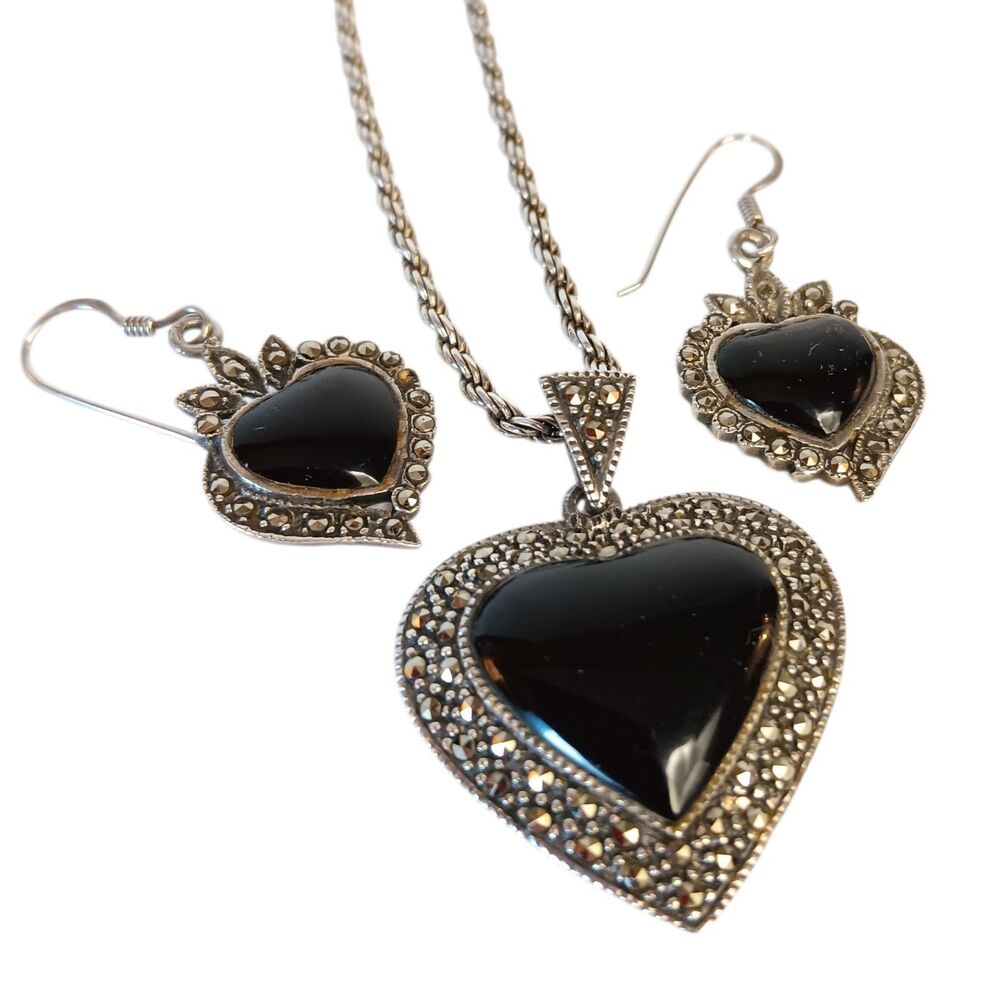 Vintage Heart Necklace & Pierced Earrings Marcasite Black Onyx Sterling Silver